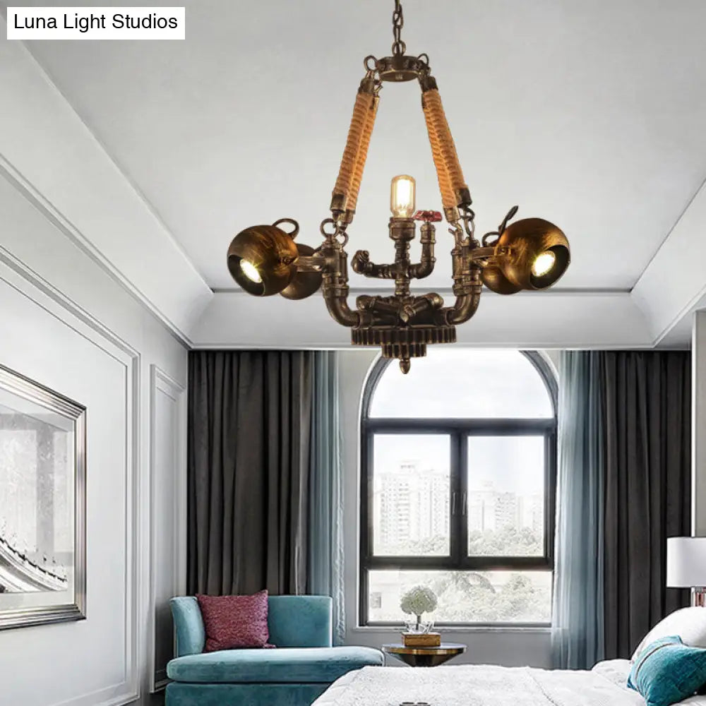 Retro Bronze Metal And Rope Hanging Pendant Chandelier - 5 Lights Ball Global Shade Ideal For Bars