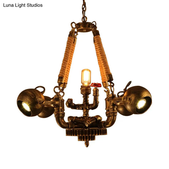 Retro Bronze Metal And Rope Hanging Pendant Chandelier - 5 Lights Ball Global Shade Ideal For Bars