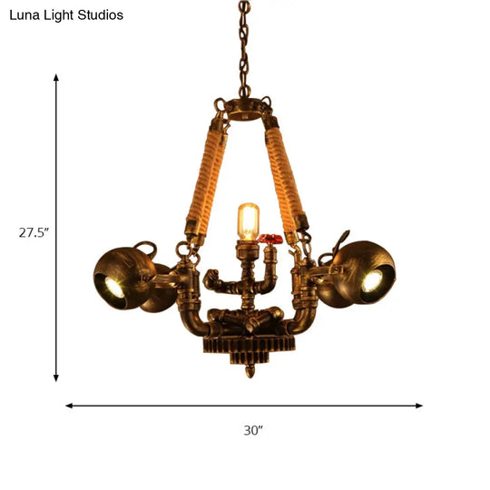 Retro Bronze 5-Light Ball Chandelier With Global Shade - Metal And Rope Pendant For Bars