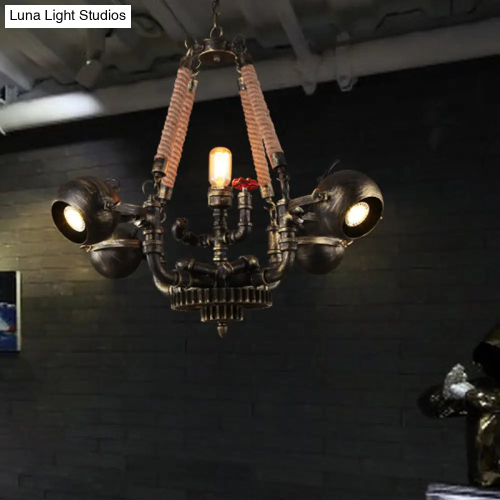 Retro Bronze Metal And Rope Hanging Pendant Chandelier - 5 Lights Ball Global Shade Ideal For Bars