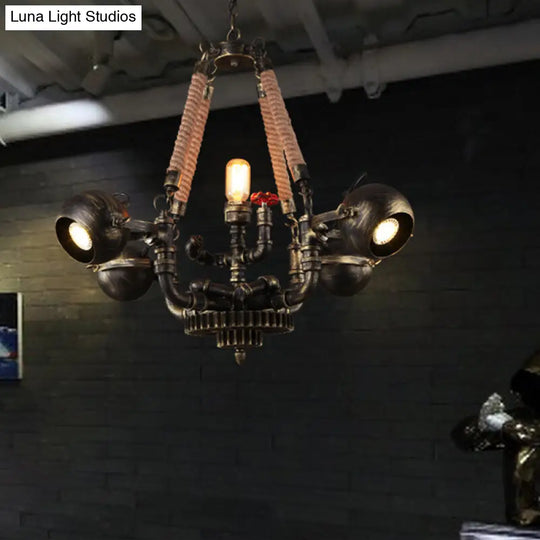 Retro Bronze Metal And Rope Hanging Pendant Chandelier - 5 Lights Ball Global Shade Ideal For Bars
