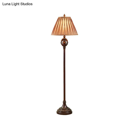 Retro Brown Pleated Tapered Fabric Floor Lamp For Living Room Reading - 1-Bulb Light