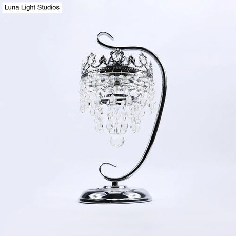 Retro Chrome Scroll Led Table Lamp With Crystal Drape - Metal Bedside Light