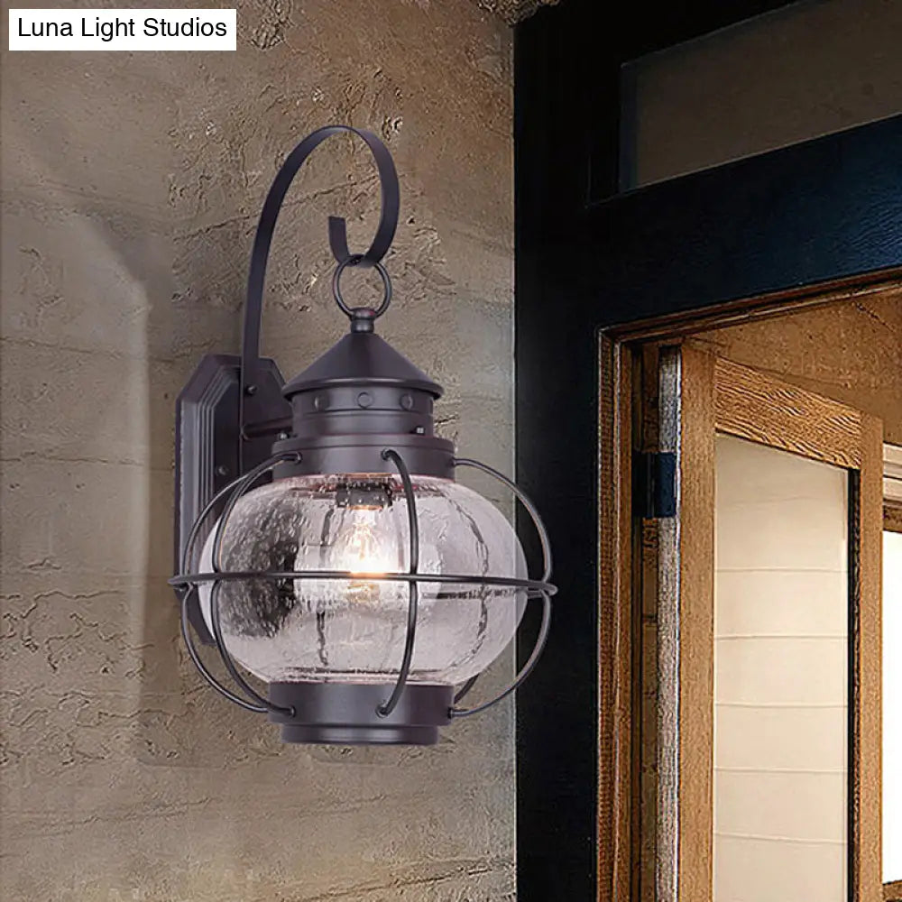 Retro Coffee/Bronze Lantern Wall Light With Wire Cage - Outdoor 1 Head Lighting In White/Clear Glass