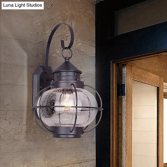 Retro Coffee/Bronze Lantern Wall Light With Wire Cage - Outdoor 1 Head Lighting In White/Clear Glass