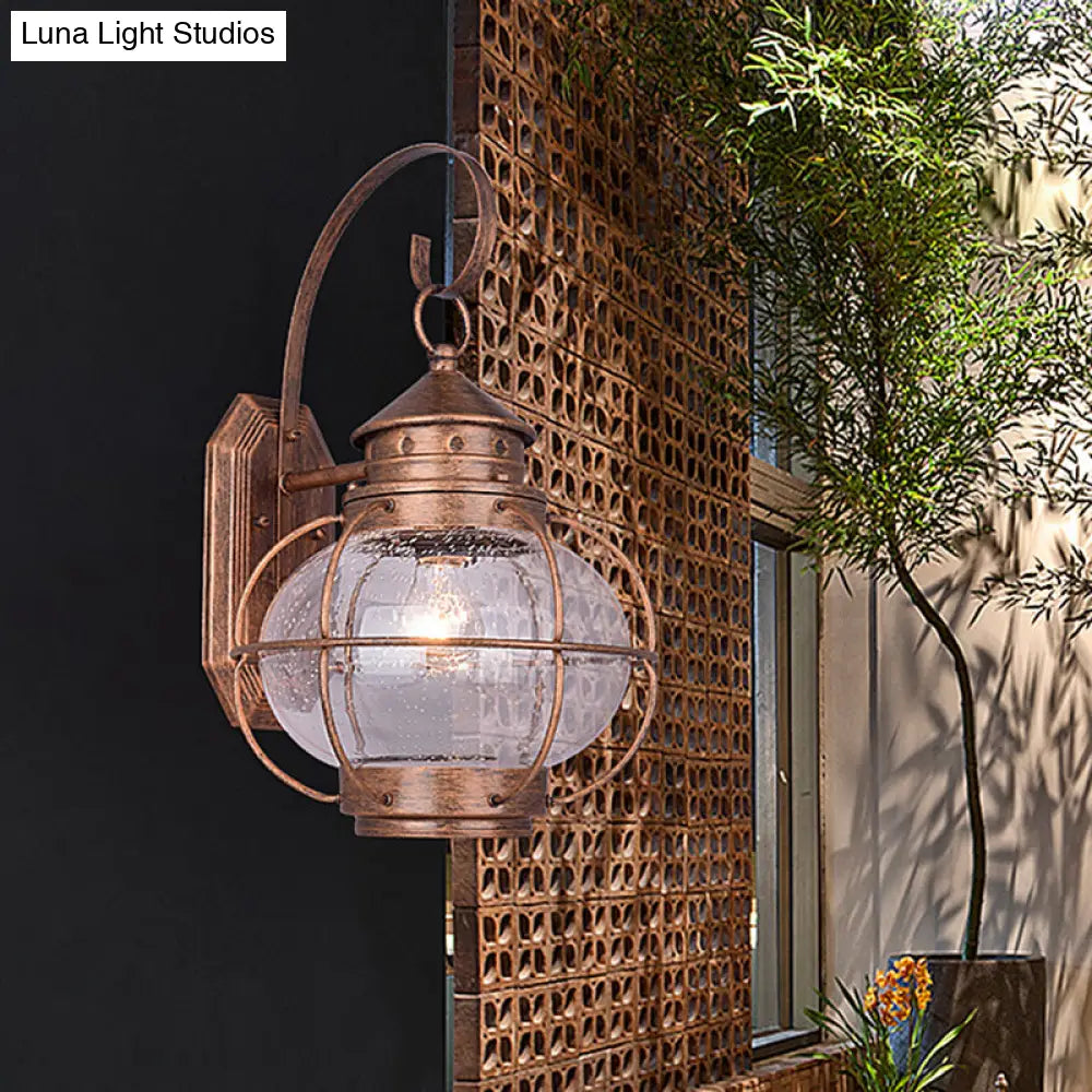 Retro Coffee/Bronze Lantern Wall Light With Wire Cage - Outdoor 1 Head Lighting In White/Clear Glass