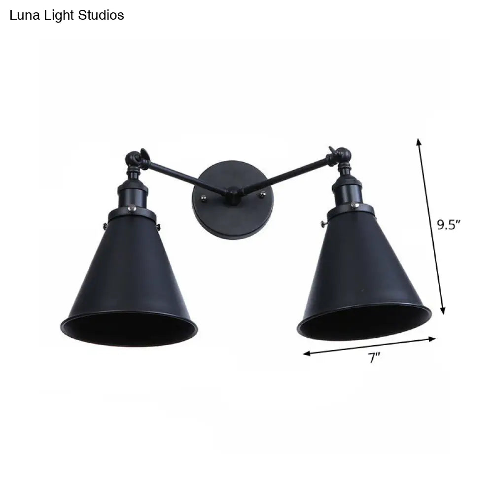 Retro Conical/Scalloped Metal Wall Lamp With 2 Pivot Shades - Black Bathroom Fixture