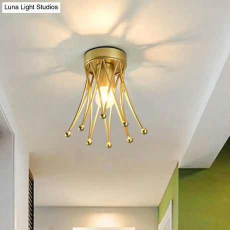 Retro Crown Iron Semi Flush Mount Lighting In Gold For Corridor