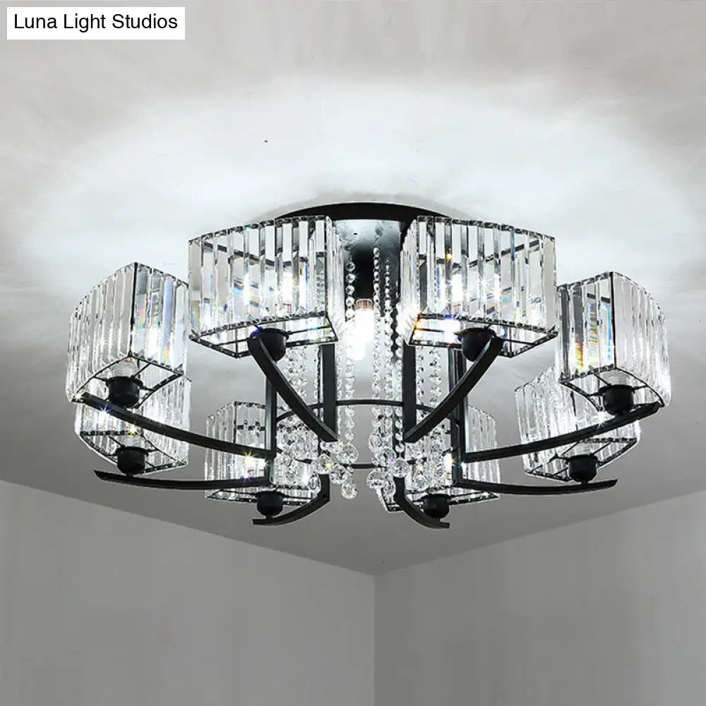 Retro Crystal Block Semi Flush Mount Ceiling Lamp For Living Room - Round Black 12 /