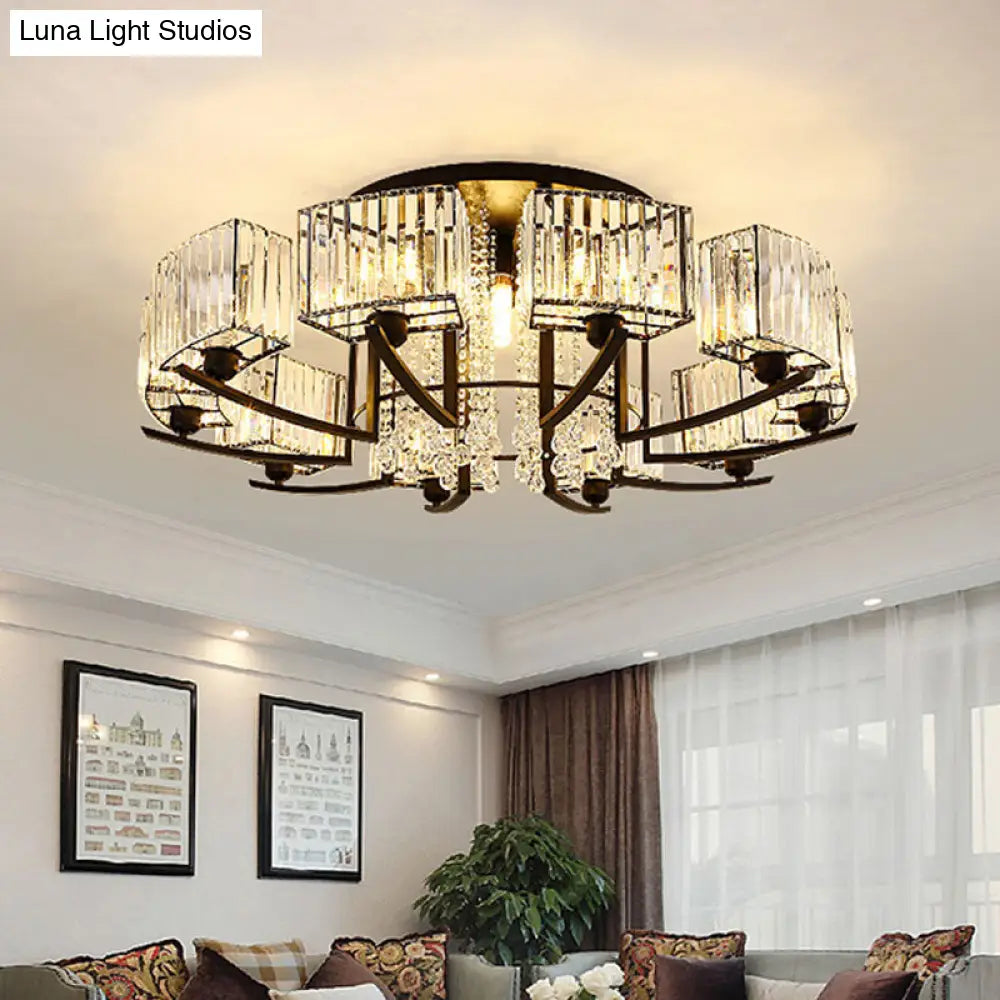 Retro Crystal Block Semi Flush Mount Ceiling Lamp For Living Room - Round Black