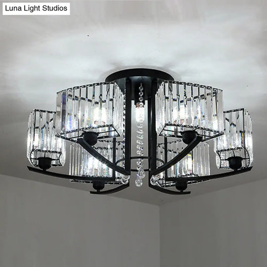 Retro Crystal Block Semi Flush Mount Ceiling Lamp For Living Room - Round Black 7 /