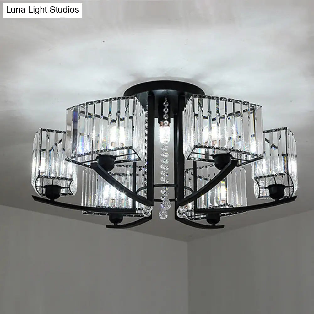 Retro Crystal Block Semi Flush Mount Ceiling Lamp For Living Room - Round Black 7 /