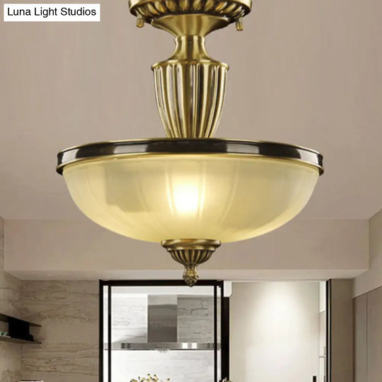Retro Dome Glass Ceiling Light With Gold Metal Rod - 2-Bulb Semi Mount Lighting