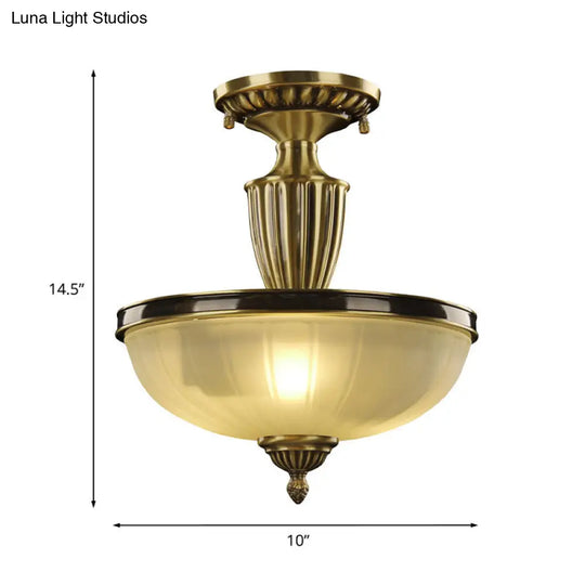 Retro Dome Glass Ceiling Light With Gold Metal Rod - 2-Bulb Semi Mount Lighting