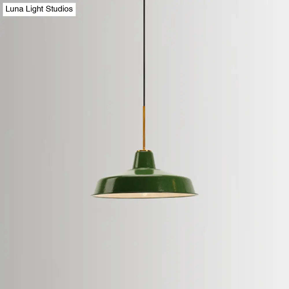 Retro Enamel Green Metal Suspension Lamp For Cafe - 1-Light Hanging Fixture / Barn