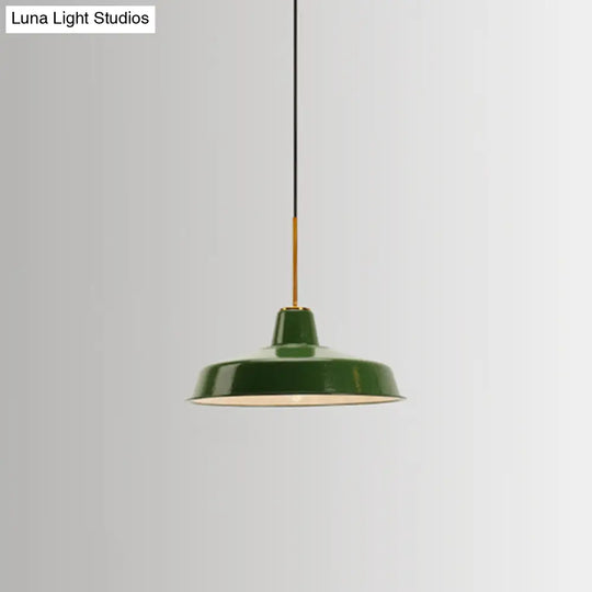 Retro Enamel Green Metal Suspension Lamp For Cafe - 1-Light Hanging Fixture / Barn