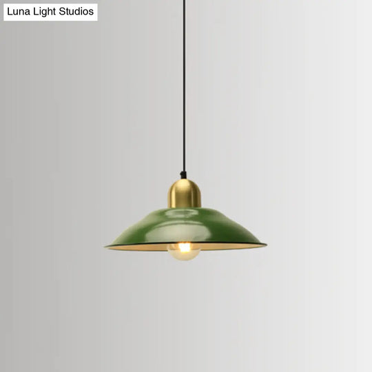Retro Enamel Green Metal Suspension Lamp For Cafe - 1-Light Hanging Fixture / Saucer