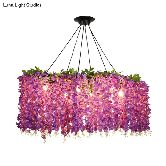 Retro Floral Metal Island Light Fixture 6-Bulb Pendant In Purple For Restaurants