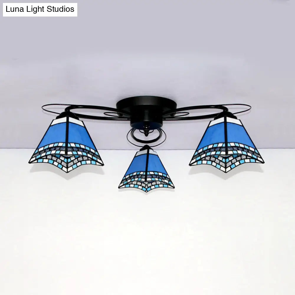 Retro Geometric Flushmount Ceiling Light With Stained Glass - White/Sky Blue/Clear/Dark Blue