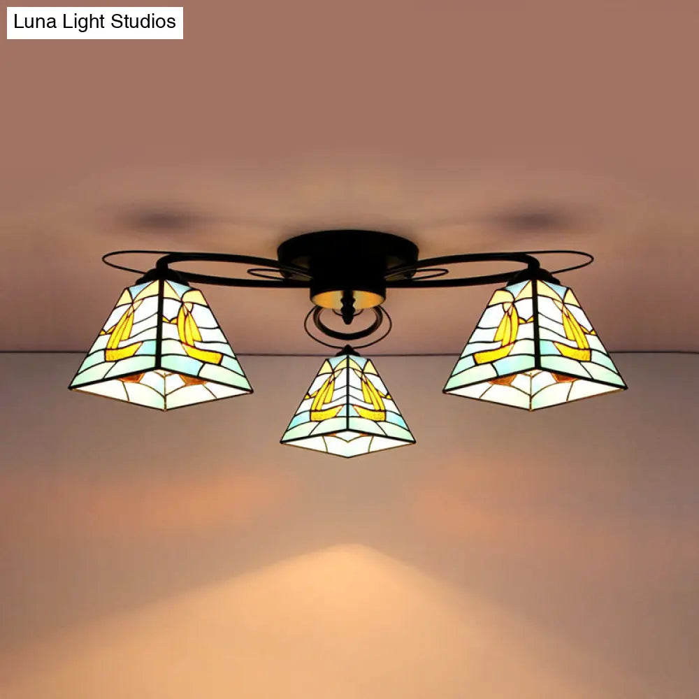 Retro Geometric Flushmount Ceiling Light With Stained Glass - White/Sky Blue/Clear/Dark Blue