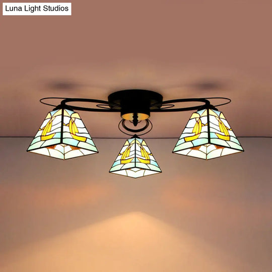 Retro Geometric Flushmount Ceiling Light With Stained Glass - White/Sky Blue/Clear/Dark Blue