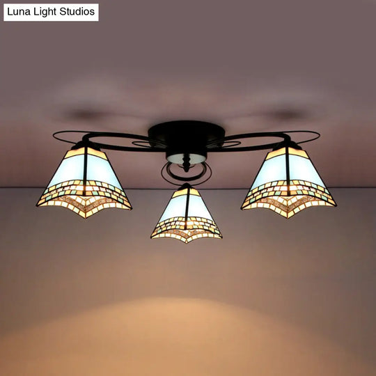 Retro Geometric Flushmount Ceiling Light With Stained Glass - White/Sky Blue/Clear/Dark Blue