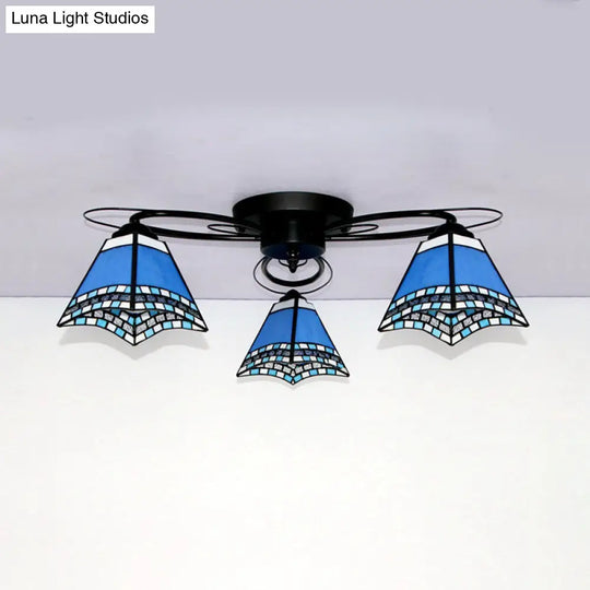 Retro Geometric Flushmount Ceiling Light With Stained Glass - White/Sky Blue/Clear/Dark Blue Bedroom