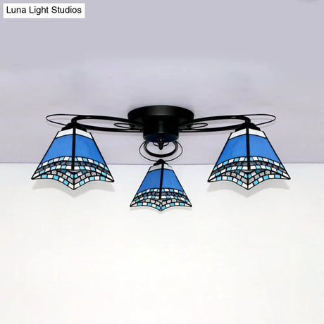 Retro Geometric Flushmount Ceiling Light With Stained Glass - White/Sky Blue/Clear/Dark Blue