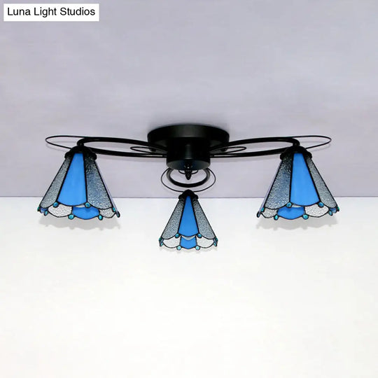 Retro Geometric Flushmount Ceiling Light With Stained Glass - White/Sky Blue/Clear/Dark Blue