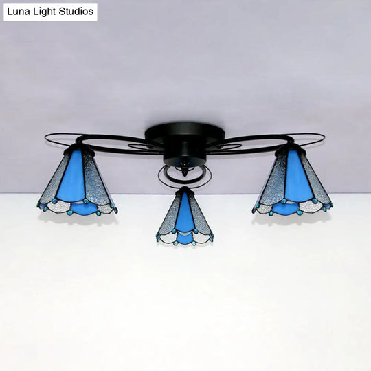 Retro Geometric Flushmount Ceiling Light With Stained Glass - White/Sky Blue/Clear/Dark Blue Bedroom
