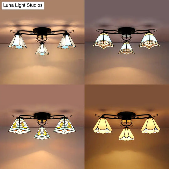 Retro Geometric Flushmount Ceiling Light With Stained Glass - White/Sky Blue/Clear/Dark Blue Bedroom