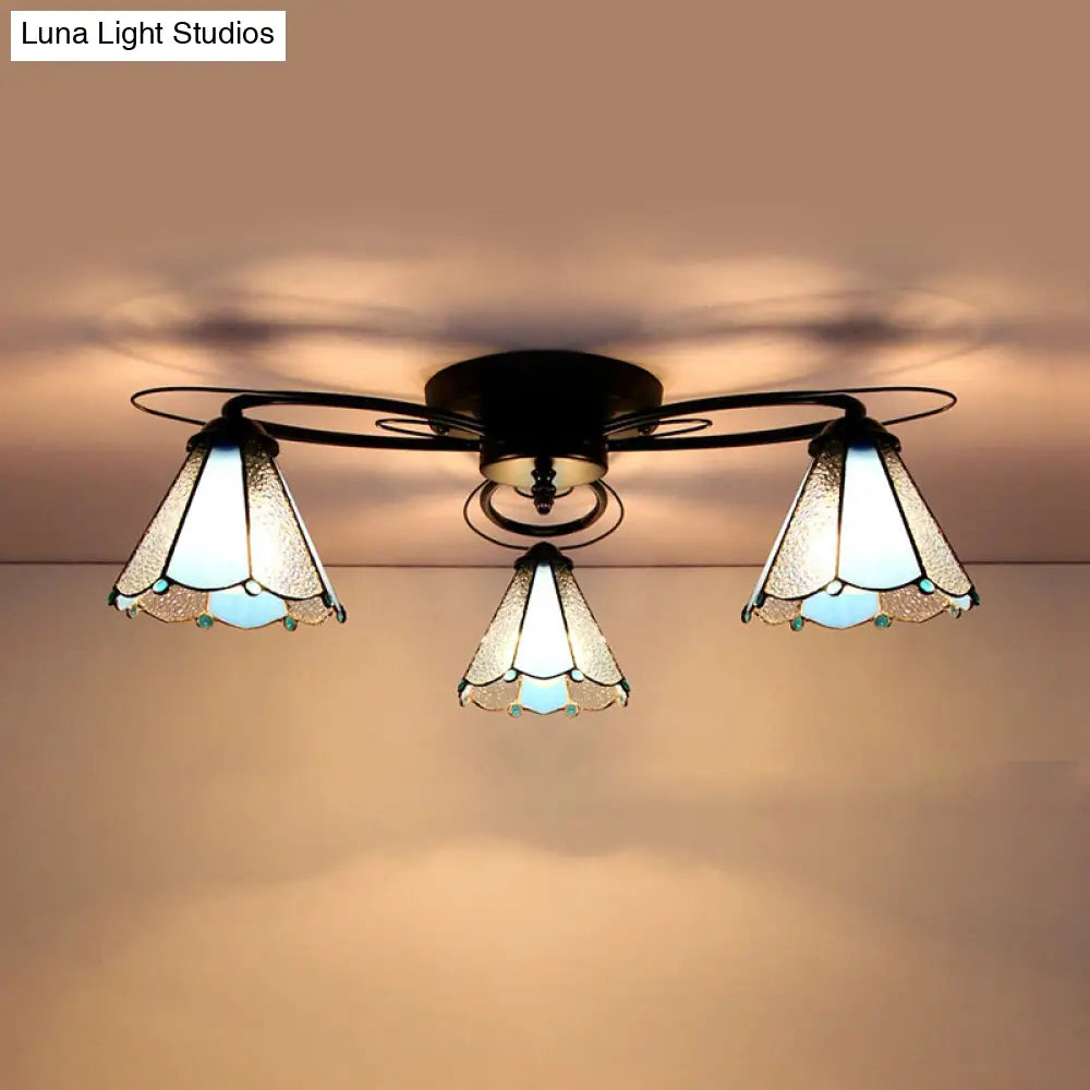 Retro Geometric Flushmount Ceiling Light With Stained Glass - White/Sky Blue/Clear/Dark Blue