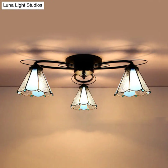 Retro Geometric Flushmount Ceiling Light With Stained Glass - White/Sky Blue/Clear/Dark Blue