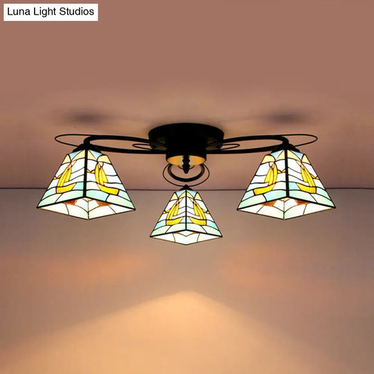 Retro Geometric Flushmount Ceiling Light With Stained Glass - White/Sky Blue/Clear/Dark Blue Bedroom