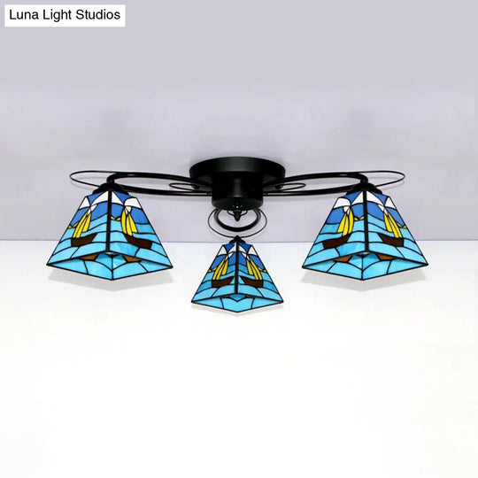 Retro Geometric Flushmount Ceiling Light With Stained Glass - White/Sky Blue/Clear/Dark Blue Bedroom