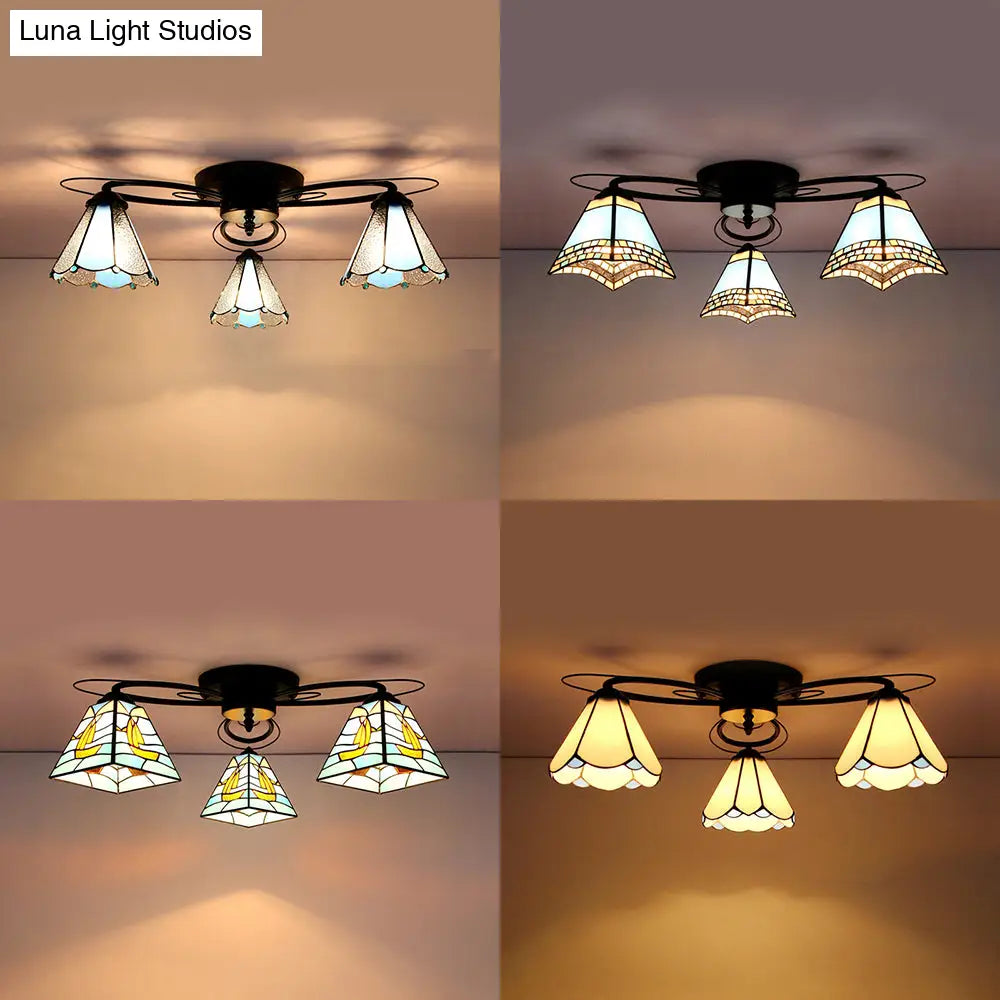 Retro Geometric Flushmount Ceiling Light With Stained Glass - White/Sky Blue/Clear/Dark Blue