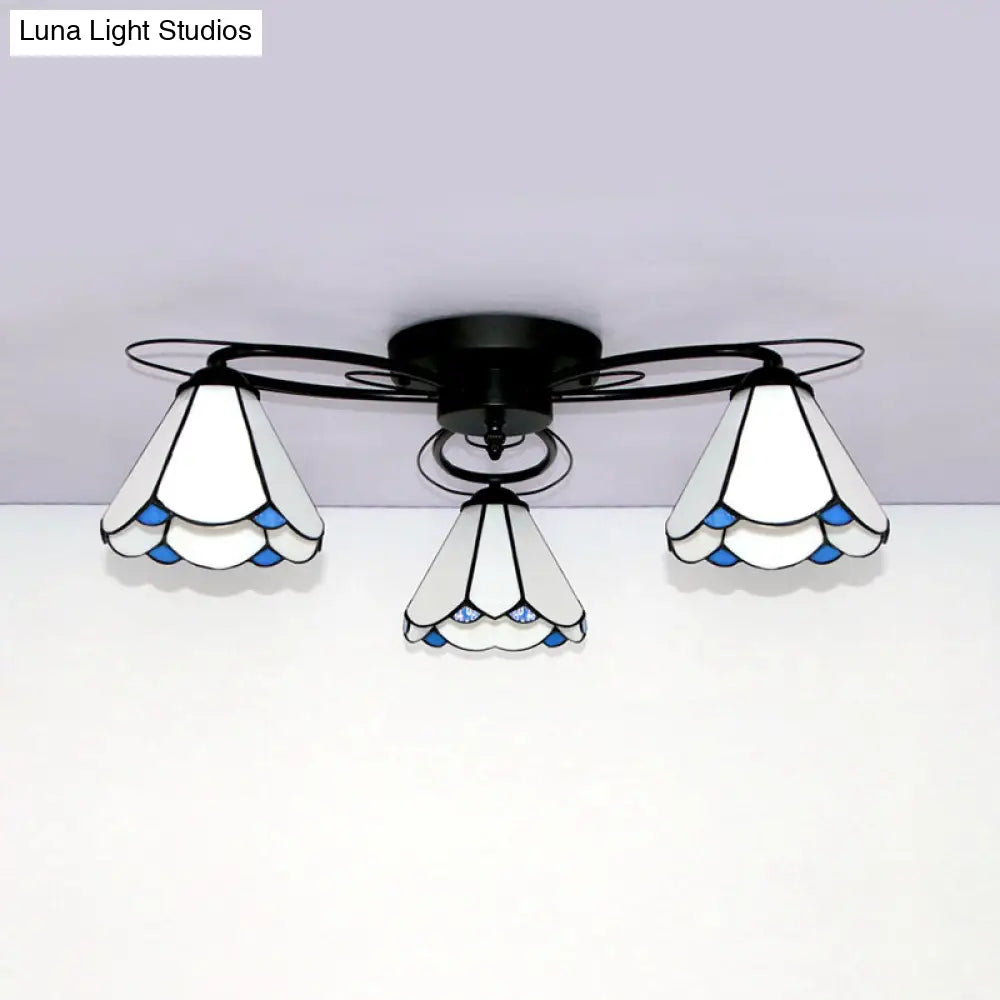 Retro Geometric Flushmount Ceiling Light With Stained Glass - White/Sky Blue/Clear/Dark Blue