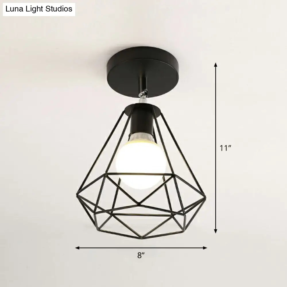 Retro Geometric Semi Flush Mount Lighting - Iron Fixture For Entryway Black / Diamond