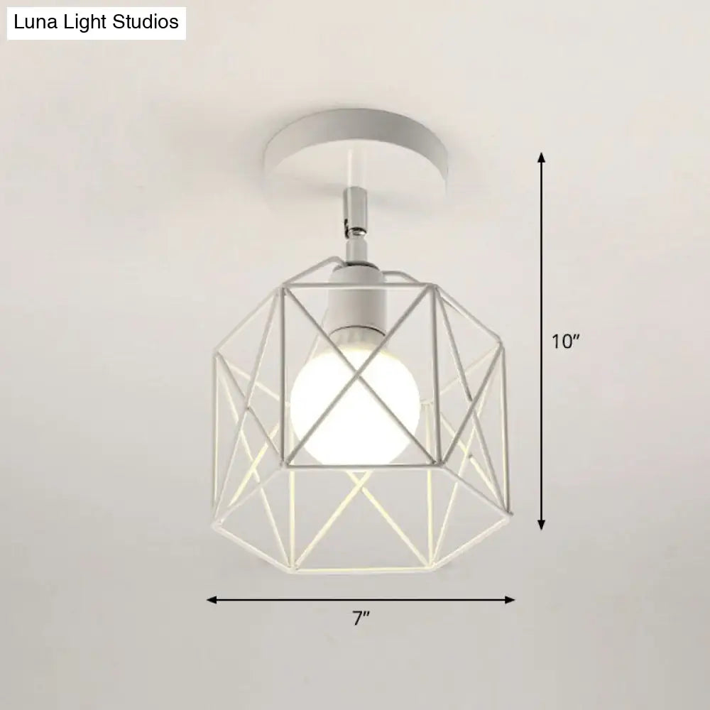 Retro Geometric Semi Flush Mount Lighting - Iron Fixture For Entryway White / Hexagon