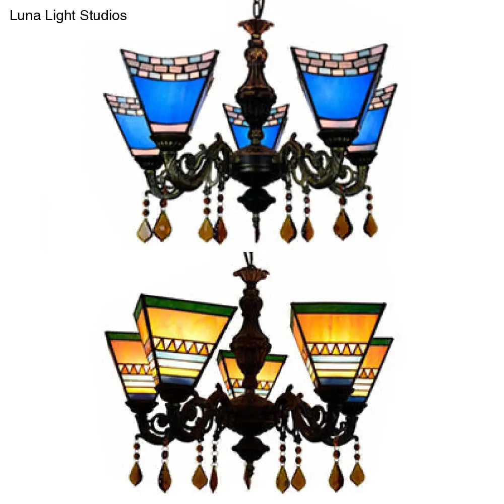 Retro Geometric Stained Glass Chandelier with Crystal Pendants - 5 Bulbs in Yellow/Blue for Bedroom