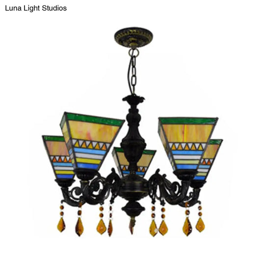 Retro Geometric Stained Glass Chandelier with Crystal Pendants - 5 Bulbs in Yellow/Blue for Bedroom