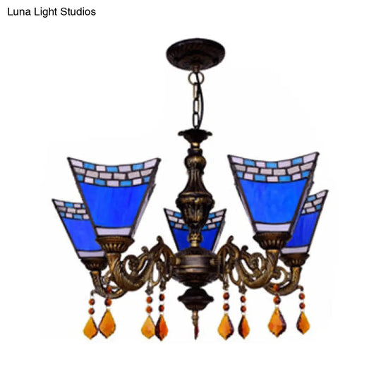 Retro Geometric Stained Glass Chandelier with Crystal Pendants - 5 Bulbs in Yellow/Blue for Bedroom
