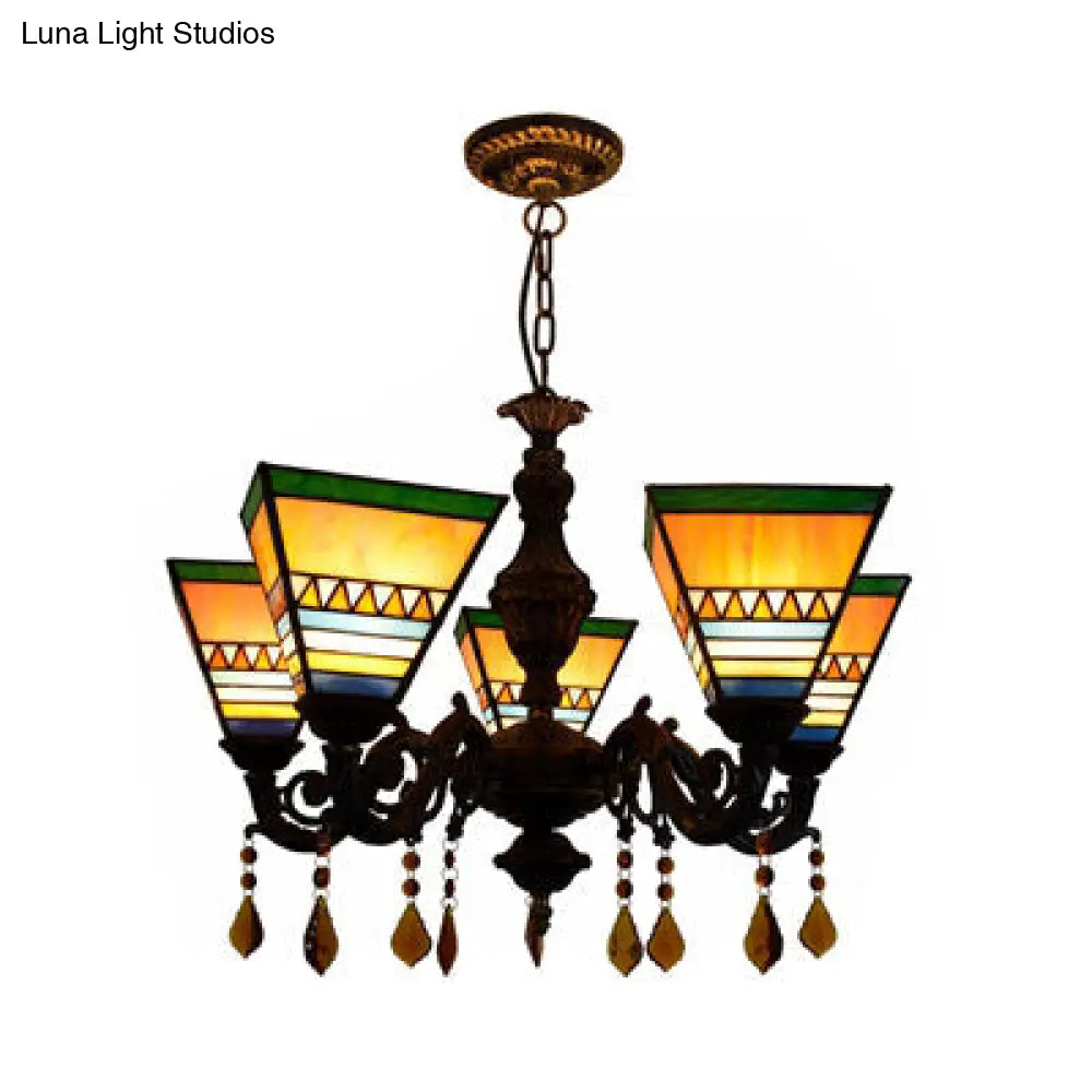 Retro Geometric Stained Glass Chandelier with Crystal Pendants - 5 Bulbs in Yellow/Blue for Bedroom