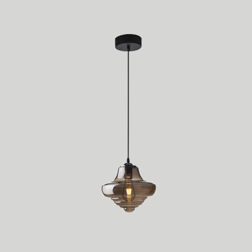 Retro Glass Pendant Light For Restaurants - Spool Shaped Head Design Smoke Gray / B