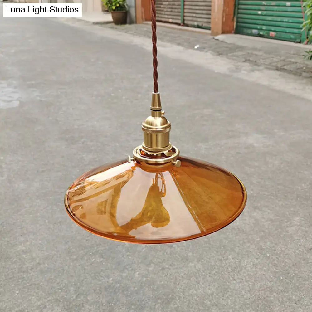 Retro Glass Shade Pendant Light Fixture For Living Room - Brown Pan With 1
