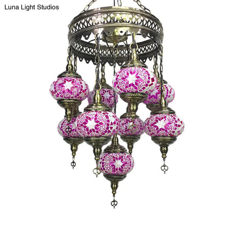 Retro Glass Sphere Chandelier - Vibrant Red/Pink/Orange With 9 Hanging Lamp Heads For Restaurants