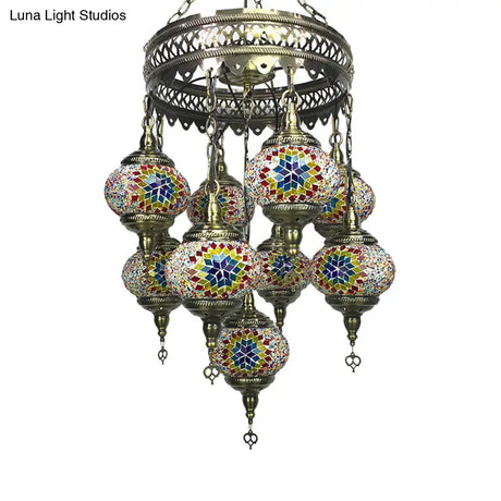 Retro Glass Sphere Chandelier - Vibrant Red/Pink/Orange With 9 Hanging Lamp Heads For Restaurants