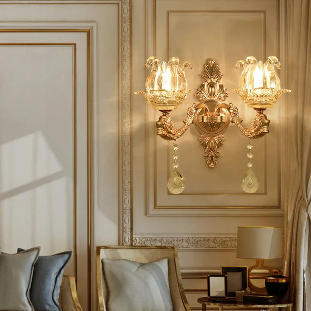 Retro Gold Wall Mount Light With Floral Glass Shade And Hanging Crystal Elegant Lighting