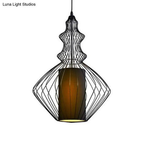 Retro Gourd Shaped Iron Pendant Light With Fabric Shade - Black 1 Bulb Stylish Ceiling Hanging