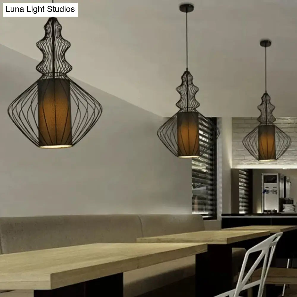Retro Gourd Shaped Iron Pendant Light With Fabric Shade - Black 1 Bulb Stylish Ceiling Hanging
